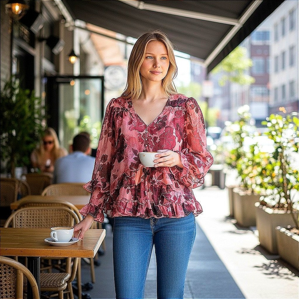 Free People Sheer Floral Ruffle Blouse Pink Burgundy V-Neck Tiered Top M